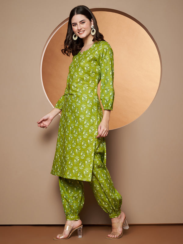 Poshak Hub Women Green Cotton Printed A Line Kurta and Afgani Salwar