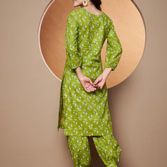 Poshak Hub Women Green Cotton Printed A Line Kurta and Afgani Salwar