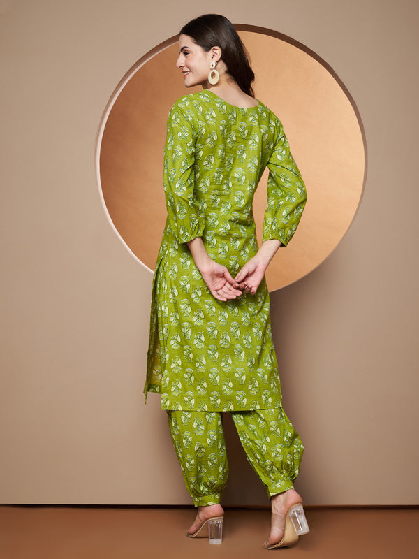 Poshak Hub Women Green Cotton Printed A Line Kurta and Afgani Salwar