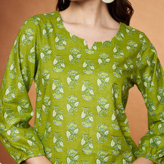 Poshak Hub Women Green Cotton Printed A Line Kurta and Afgani Salwar
