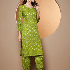Poshak Hub Women Green Cotton Printed A Line Kurta and Afgani Salwar