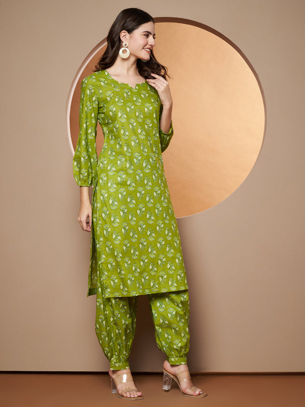 Poshak Hub Women Green Cotton Printed A Line Kurta and Afgani Salwar