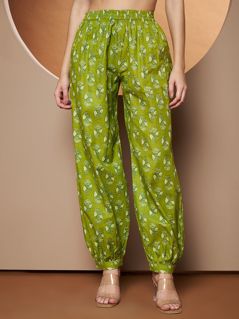 Poshak Hub Women Green Cotton Printed A Line Kurta and Afgani Salwar