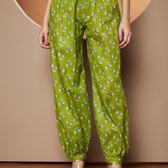Poshak Hub Women Green Cotton Printed A Line Kurta and Afgani Salwar