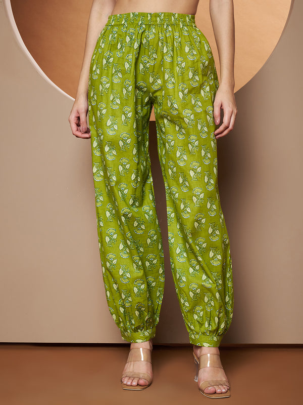Poshak Hub Women Green Cotton Printed A Line Kurta and Afgani Salwar
