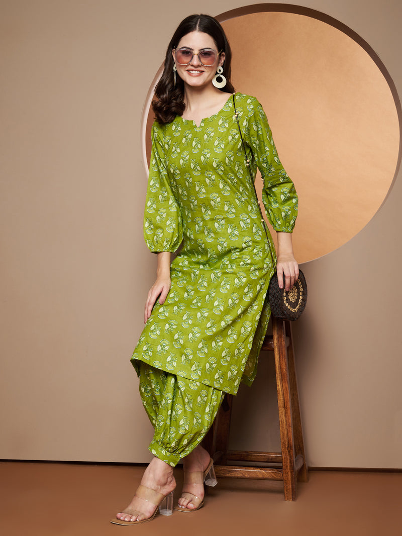 Poshak Hub Women Green Cotton Printed A Line Kurta and Afgani Salwar