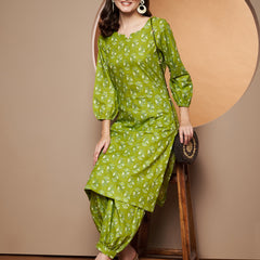 Poshak Hub Women Green Cotton Printed A Line Kurta and Afgani Salwar