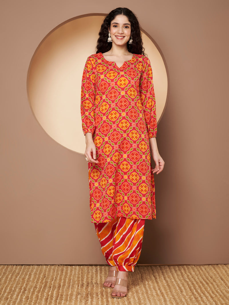 Poshak Hub Women Pink Cotton Printed A Line Kurta and Afgani Salwar