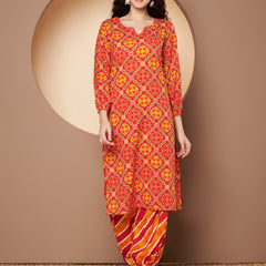 Poshak Hub Women Pink Cotton Printed A Line Kurta and Afgani Salwar