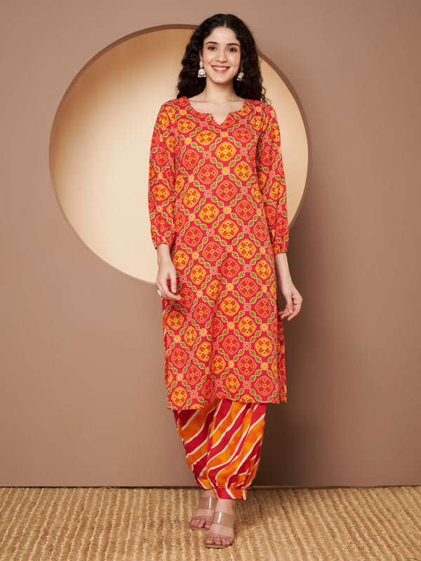 Poshak Hub Women Pink Cotton Printed A Line Kurta and Afgani Salwar