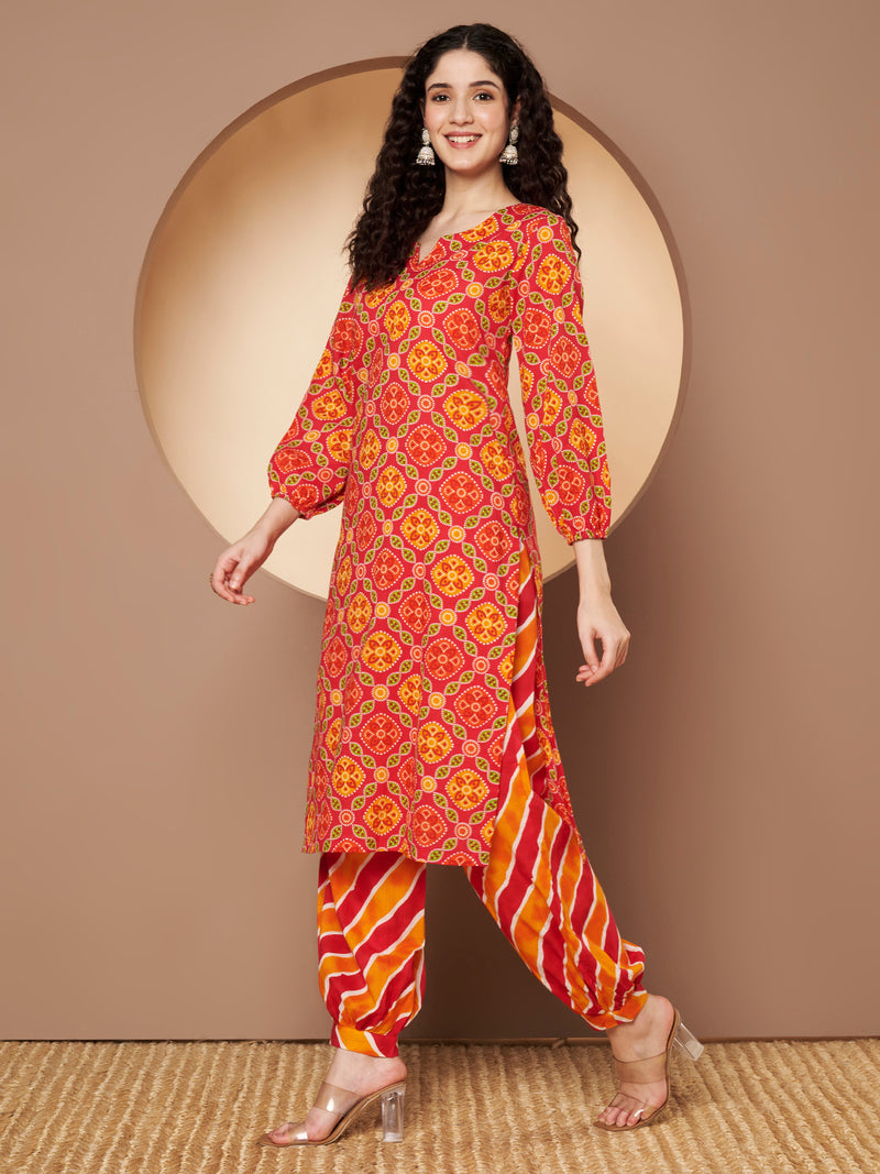 Poshak Hub Women Pink Cotton Printed A Line Kurta and Afgani Salwar