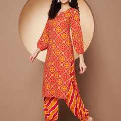 Poshak Hub Women Pink Cotton Printed A Line Kurta and Afgani Salwar