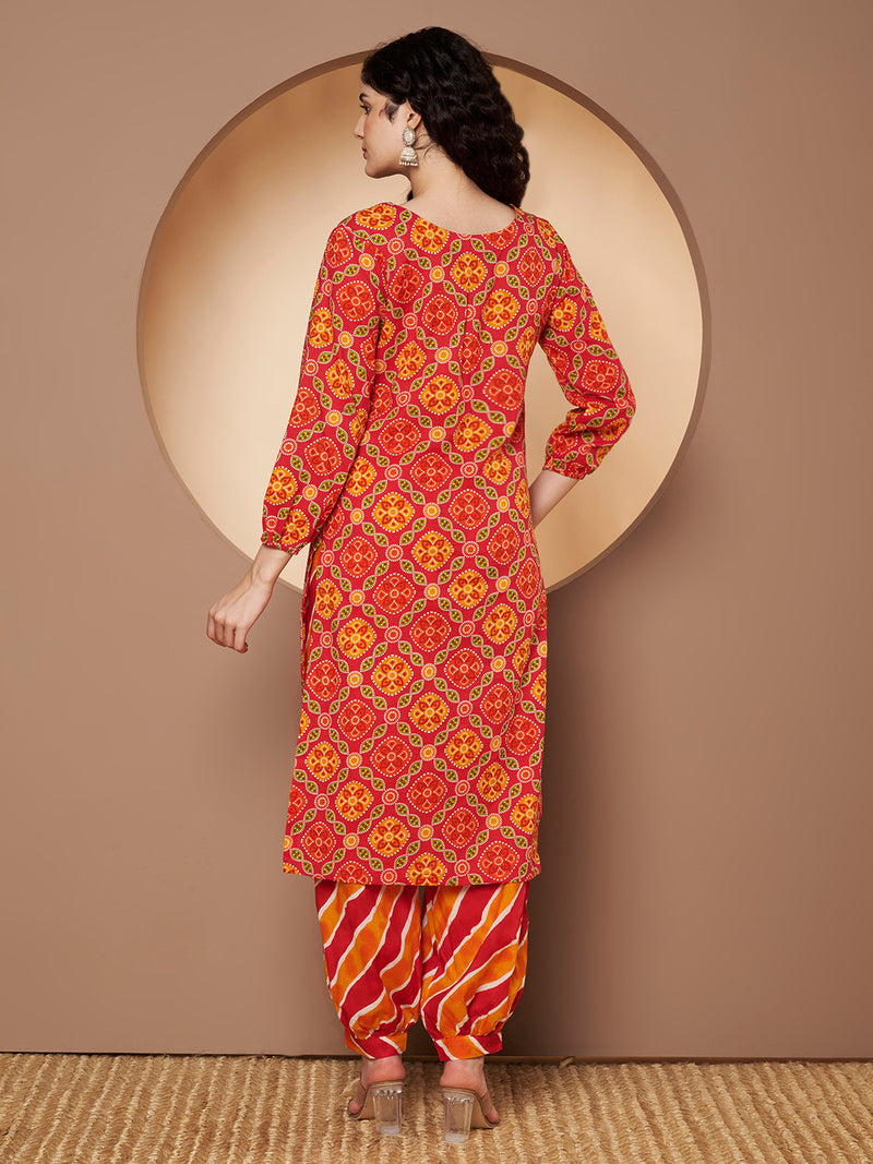Poshak Hub Women Pink Cotton Printed A Line Kurta and Afgani Salwar