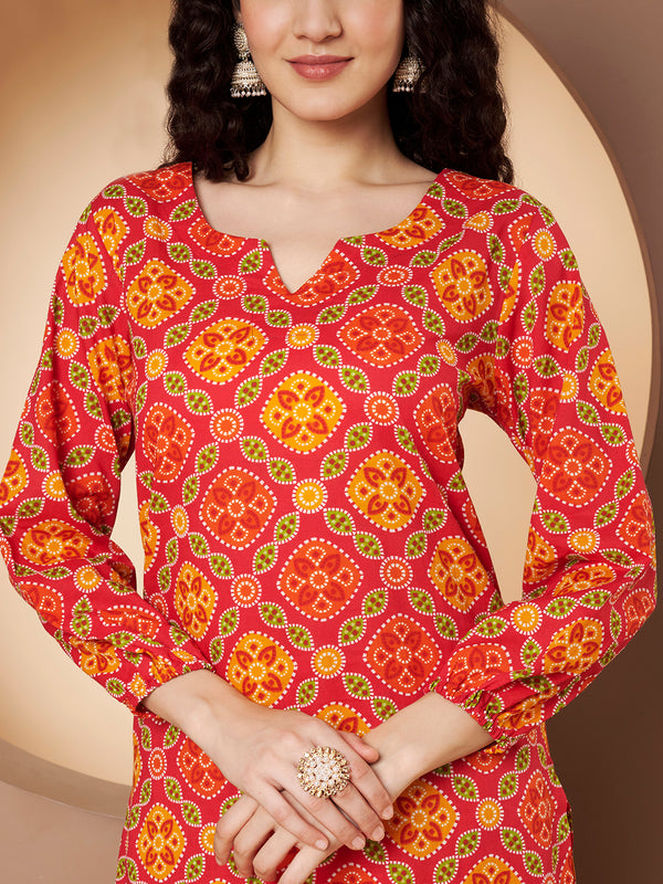 Poshak Hub Women Pink Cotton Printed A Line Kurta and Afgani Salwar