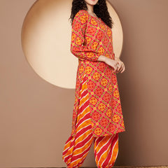 Poshak Hub Women Pink Cotton Printed A Line Kurta and Afgani Salwar