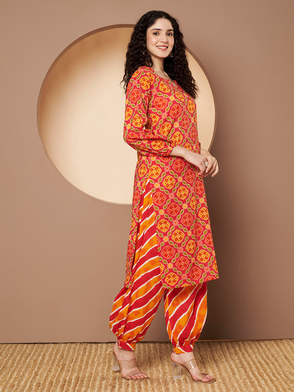 Poshak Hub Women Pink Cotton Printed A Line Kurta and Afgani Salwar