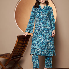 Poshak Hub Women Blue Katha Cotton Printed A Line Kurta and palazzo.