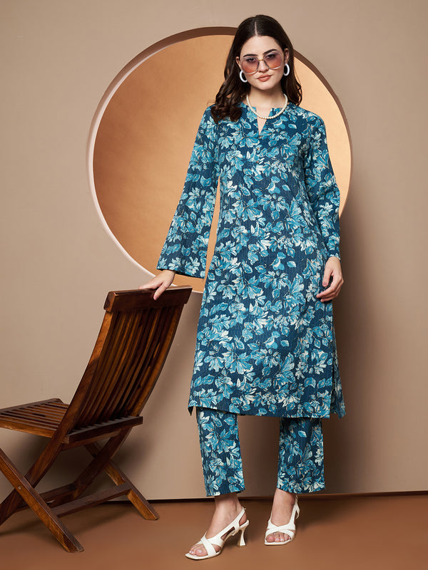 Poshak Hub Women Blue Katha Cotton Printed A Line Kurta and palazzo.