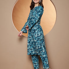 Poshak Hub Women Blue Katha Cotton Printed A Line Kurta and palazzo.