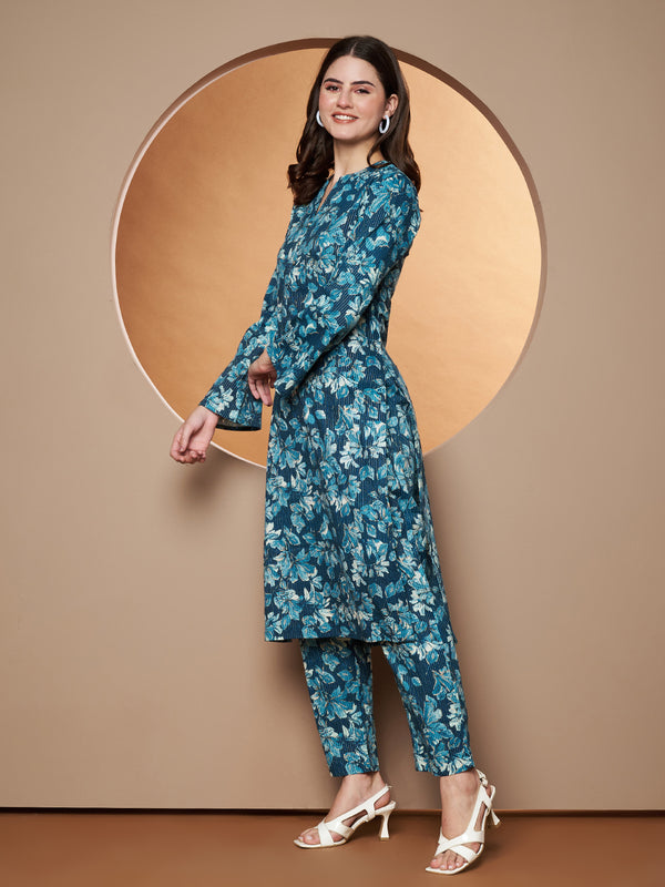 Poshak Hub Women Blue Katha Cotton Printed A Line Kurta and palazzo.