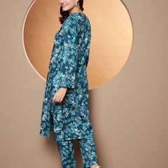 Poshak Hub Women Blue Katha Cotton Printed A Line Kurta and palazzo.