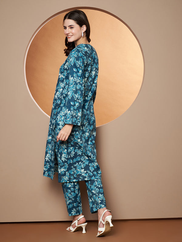 Poshak Hub Women Blue Katha Cotton Printed A Line Kurta and palazzo.