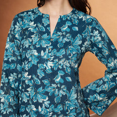 Poshak Hub Women Blue Katha Cotton Printed A Line Kurta and palazzo.