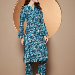 Poshak Hub Women Blue Katha Cotton Printed A Line Kurta and palazzo.