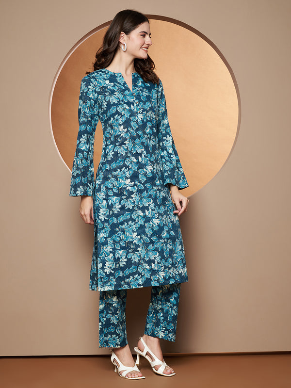 Poshak Hub Women Blue Katha Cotton Printed A Line Kurta and palazzo.
