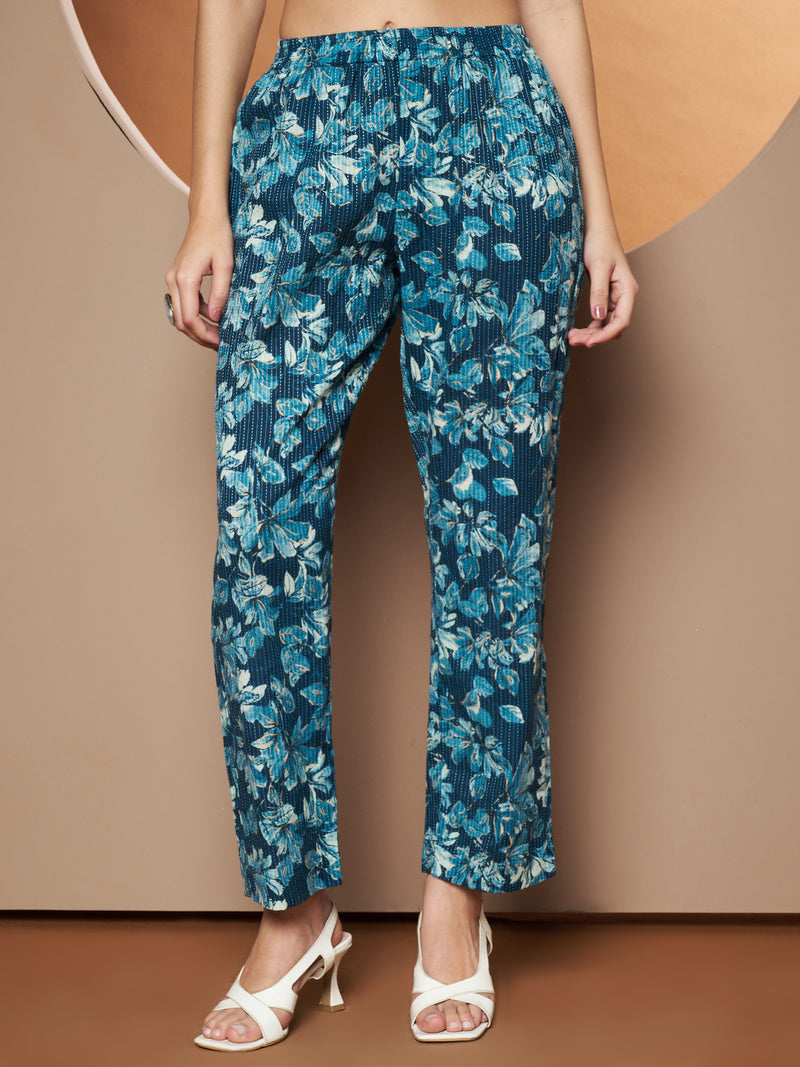 Poshak Hub Women Blue Katha Cotton Printed A Line Kurta and palazzo.