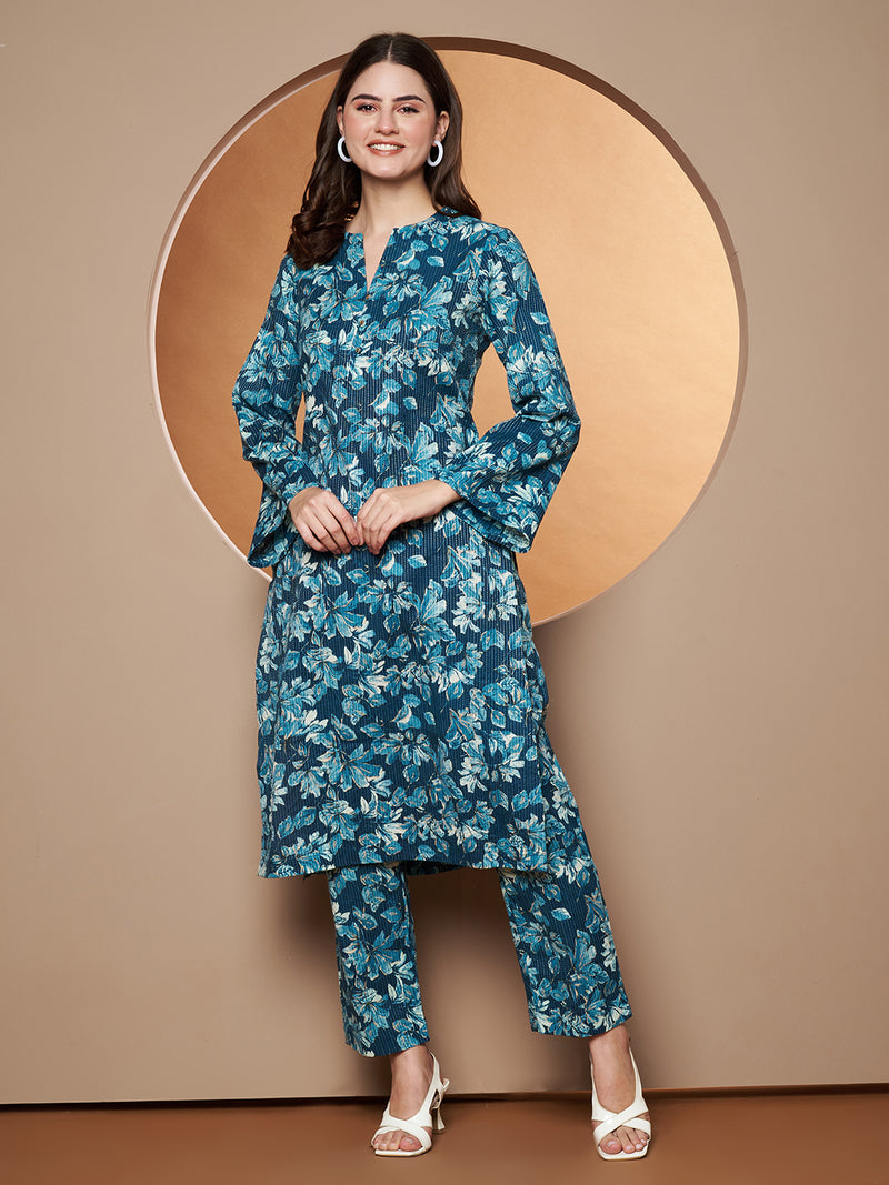 Poshak Hub Women Blue Katha Cotton Printed A Line Kurta and palazzo.