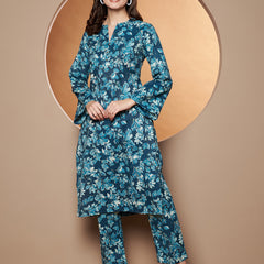 Poshak Hub Women Blue Katha Cotton Printed A Line Kurta and palazzo.