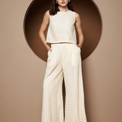 Poshak Hub Women OffWhite Cotton Sleeveless Crop Top and Trouser