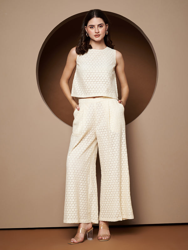 Poshak Hub Women OffWhite Cotton Sleeveless Crop Top and Trouser