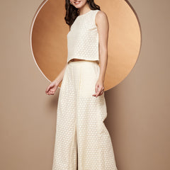 Poshak Hub Women OffWhite Cotton Sleeveless Crop Top and Trouser