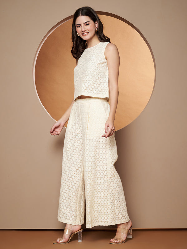 Poshak Hub Women OffWhite Cotton Sleeveless Crop Top and Trouser