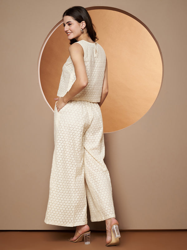 Poshak Hub Women OffWhite Cotton Sleeveless Crop Top and Trouser