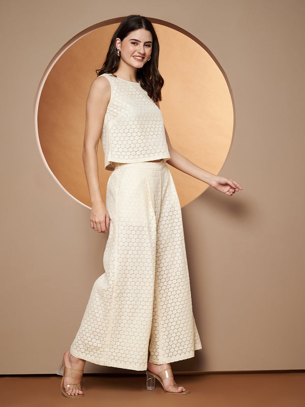 Poshak Hub Women OffWhite Cotton Sleeveless Crop Top and Trouser