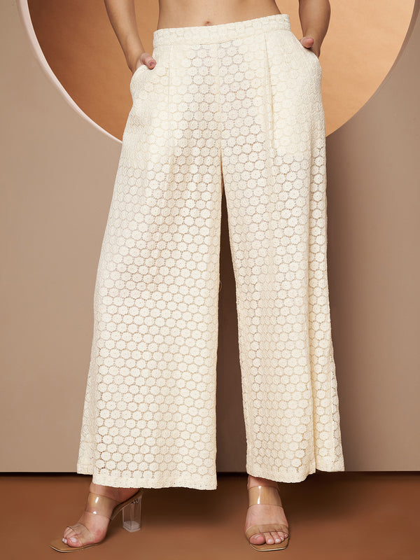 Poshak Hub Women OffWhite Cotton Sleeveless Crop Top and Trouser Co-ord Set