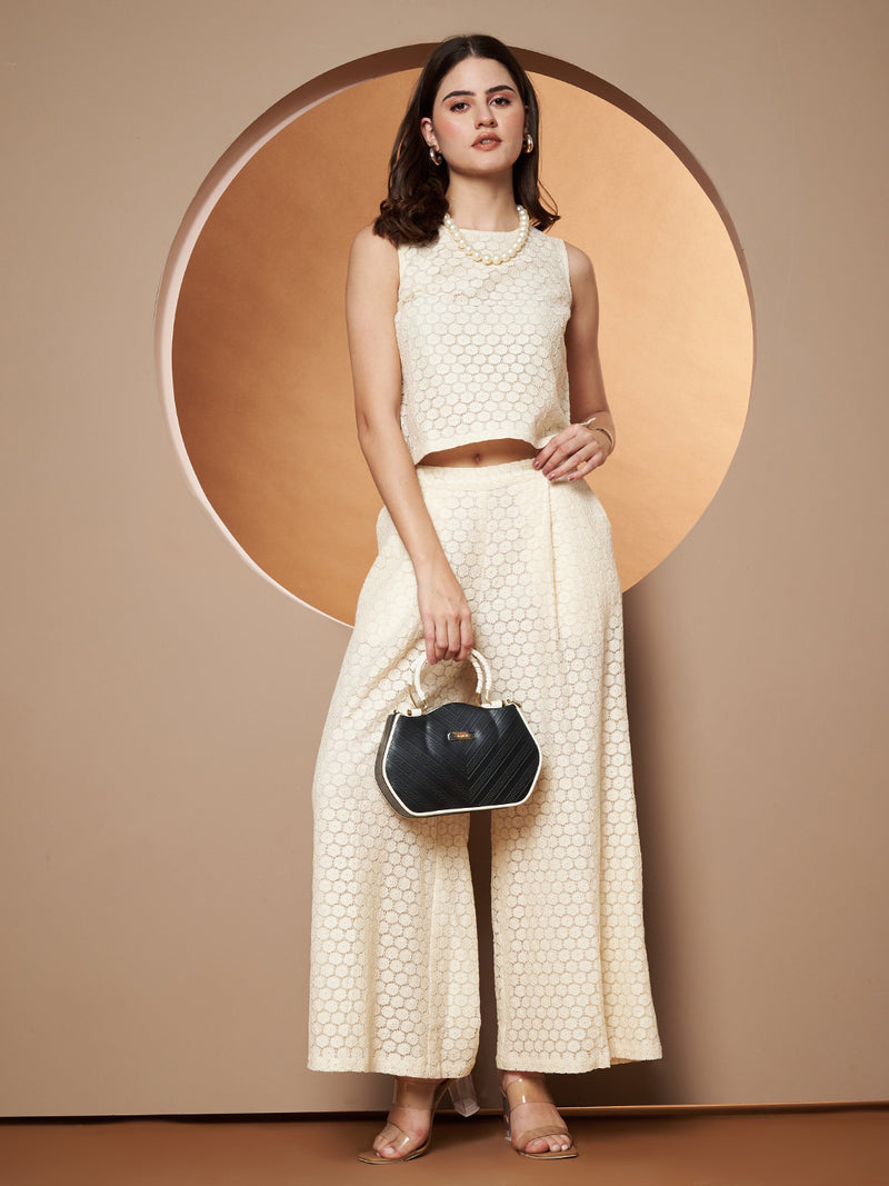 Poshak Hub Women OffWhite Cotton Sleeveless Crop Top and Trouser