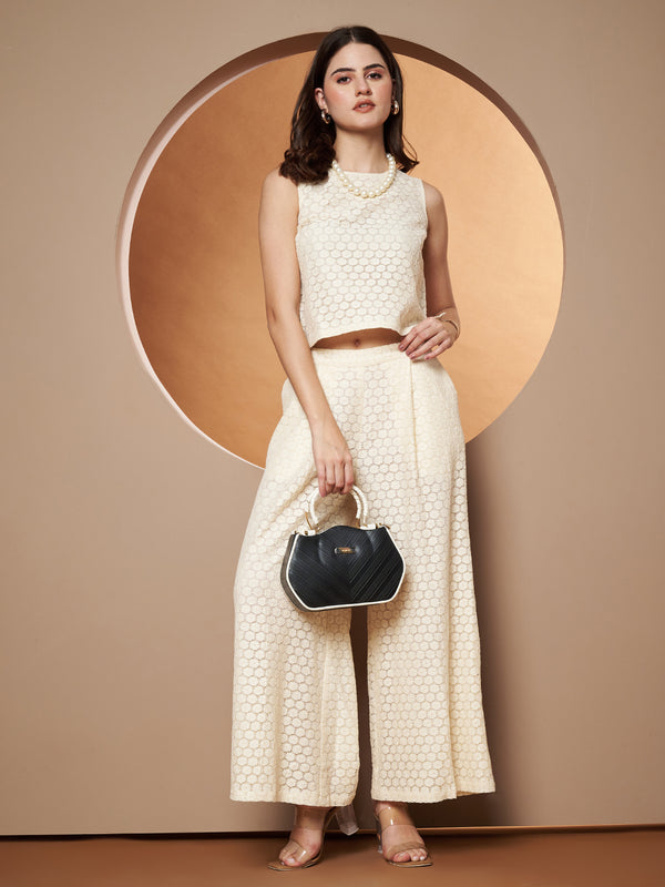 Poshak Hub Women OffWhite Cotton Sleeveless Crop Top and Trouser Co-ord Set
