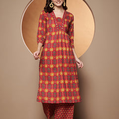 Poshak Hub Women Red Cotton Printed A Line Kurta and palazzo.