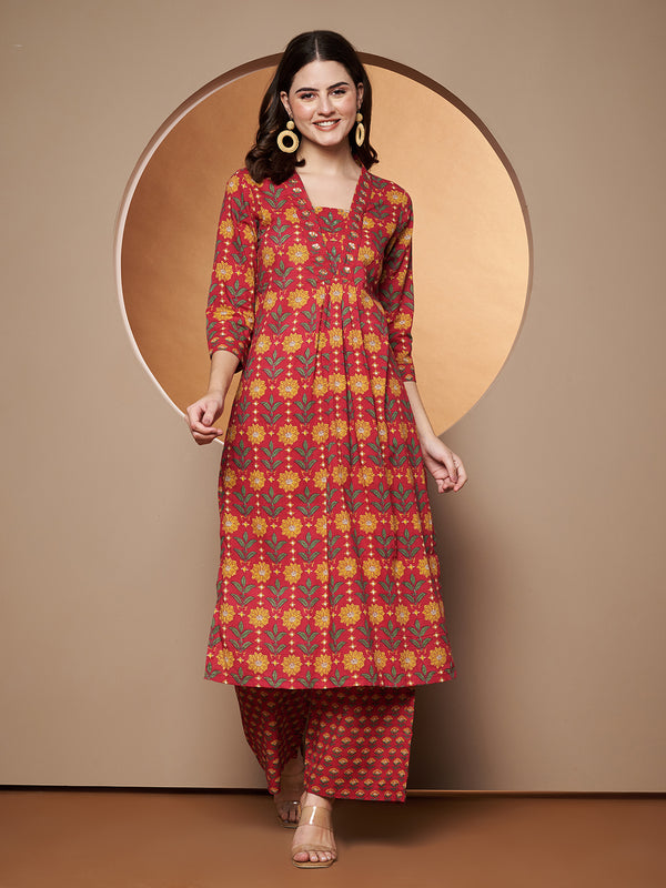 Poshak Hub Women Red Cotton Printed A Line Kurta and palazzo.