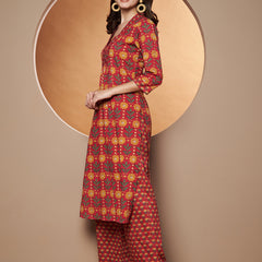 Poshak Hub Women Red Cotton Printed A Line Kurta and palazzo.