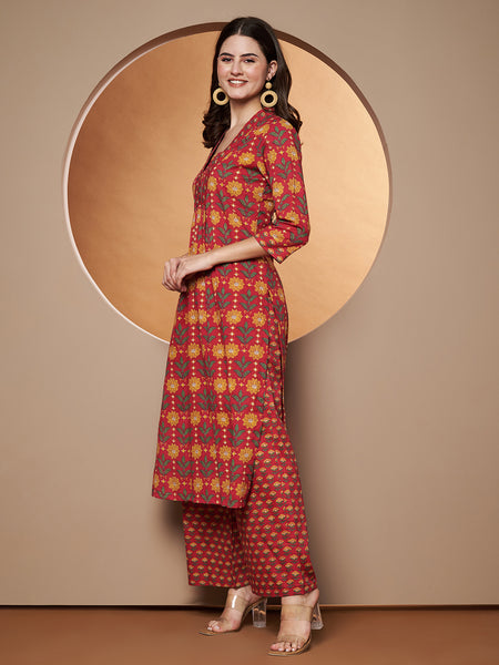 Poshak Hub Women Red Cotton Printed A Line Kurta and palazzo.