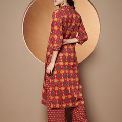 Poshak Hub Women Red Cotton Printed A Line Kurta and palazzo.