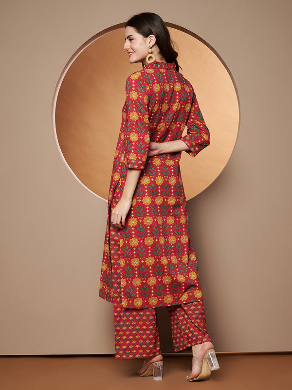 Poshak Hub Women Red Cotton Printed A Line Kurta and palazzo.