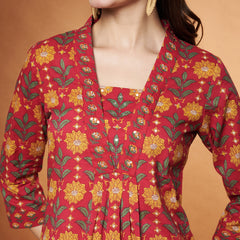 Poshak Hub Women Red Cotton Printed A Line Kurta and palazzo.