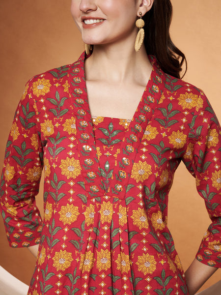 Poshak Hub Women Red Cotton Printed A Line Kurta and palazzo.