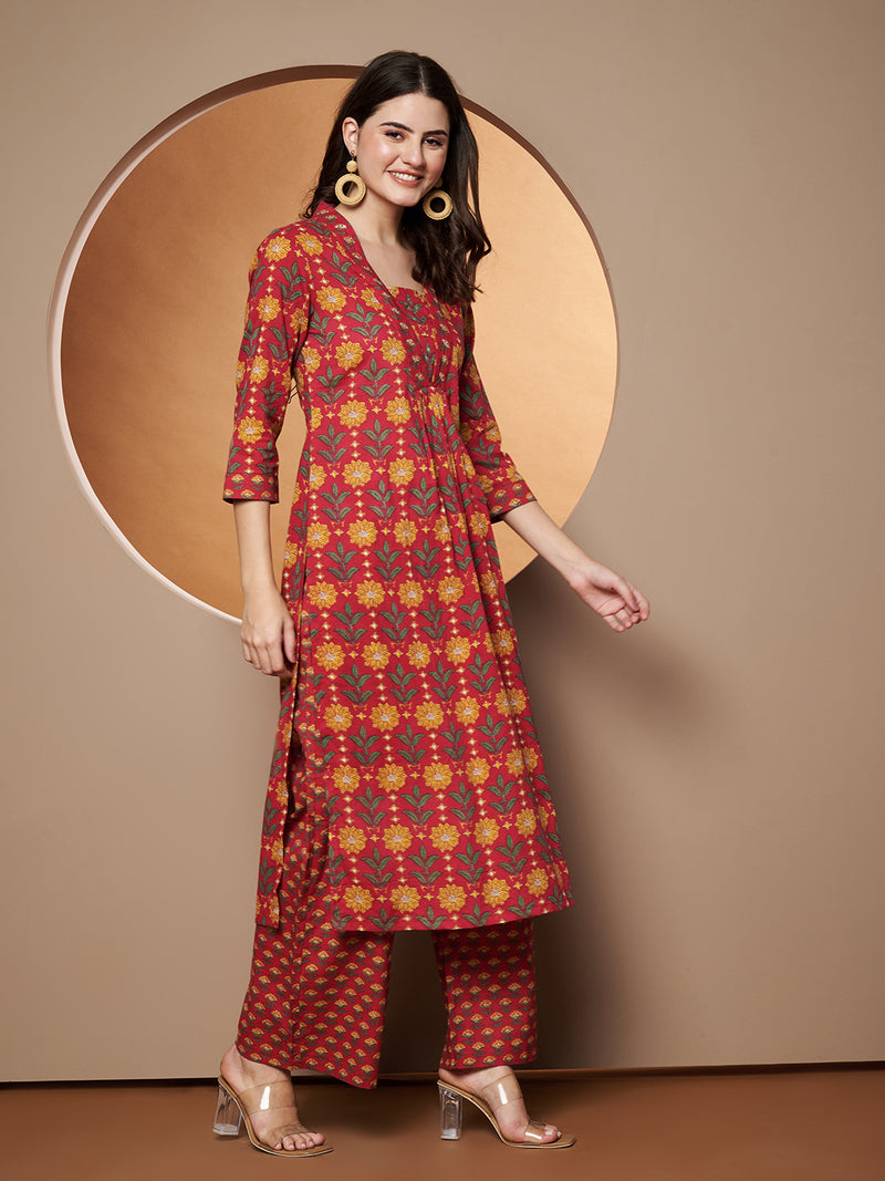 Poshak Hub Women Red Cotton Printed A Line Kurta and palazzo.